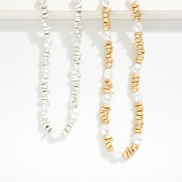 Metal Tone Nugget Bead Beaded Necklace featuring Pearl Stations 

- Approximately 16" L
- Extender 3" L