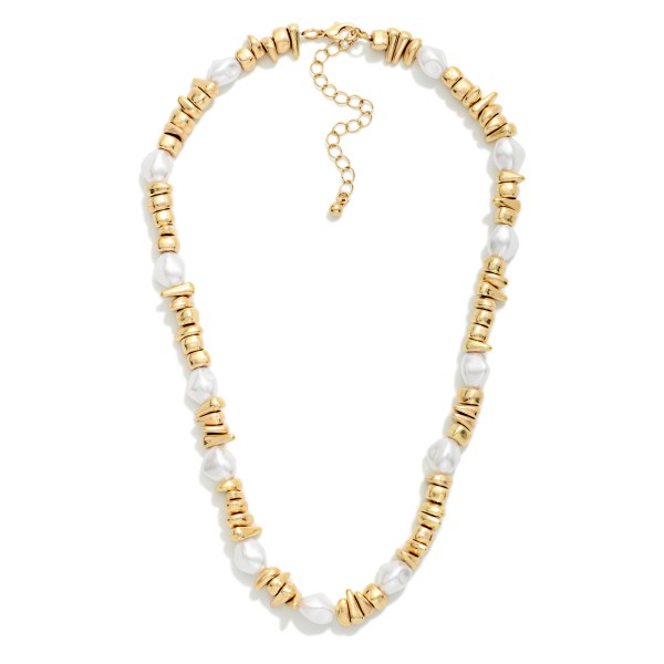 Metal Tone Nugget Bead Beaded Necklace featuring Pearl Stations 

- Approximately 16" L
- Extender 3" L
