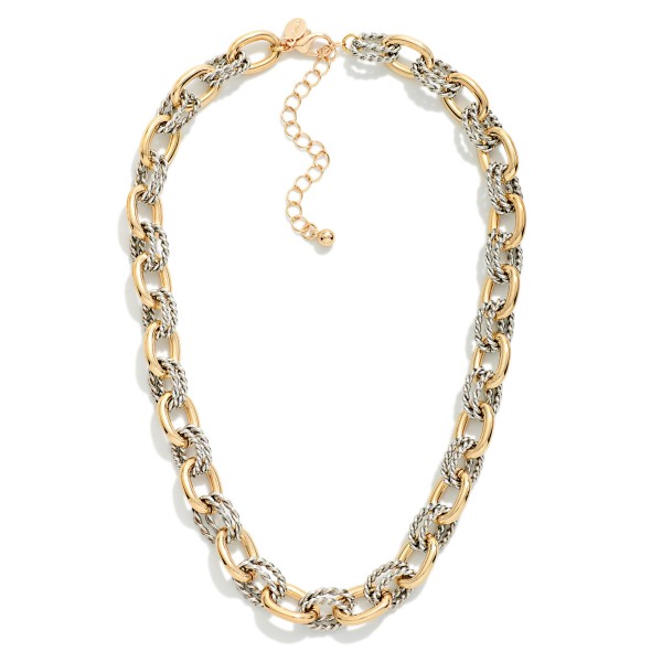 Two Tone Metal Chain Link Necklace With Double Twisted Metal Links 

- Approximately 14" L
- Extender 3" L