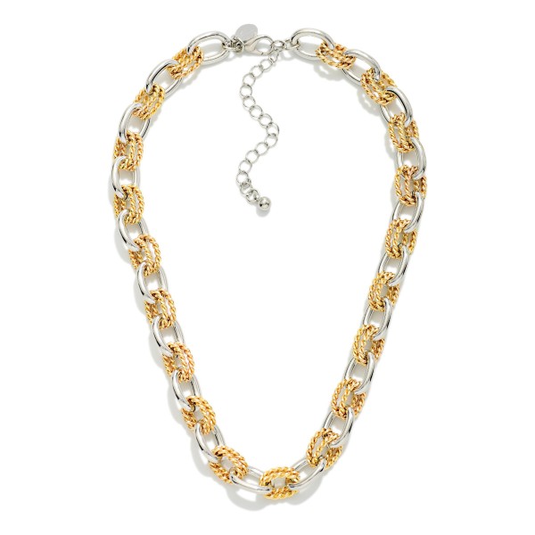 Two Tone Metal Chain Link Necklace With Double Twisted Metal Links 

- Approximately 14" L
- Extender 3" L