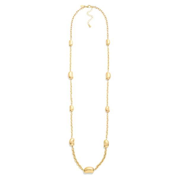 Long Chain Link Necklace Featuring Metal Tone Bean Stations 

- Approximately 36" L
- Extender 3" L