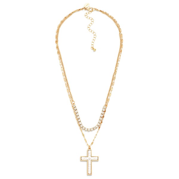 Layered Chain Link Necklace Featuring Rhinestones & Two Tone Metal Cross Pendant 

- Approximately 16" L
- Extender 3" L