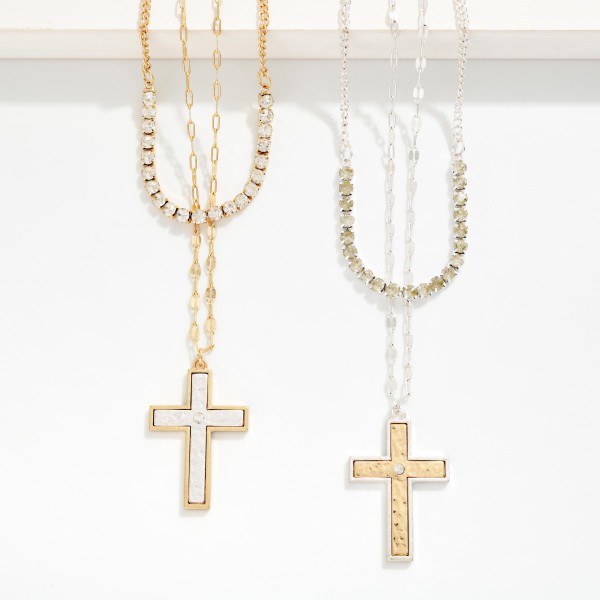 Layered Chain Link Necklace Featuring Rhinestones & Two Tone Metal Cross Pendant 

- Approximately 16" L
- Extender 3" L