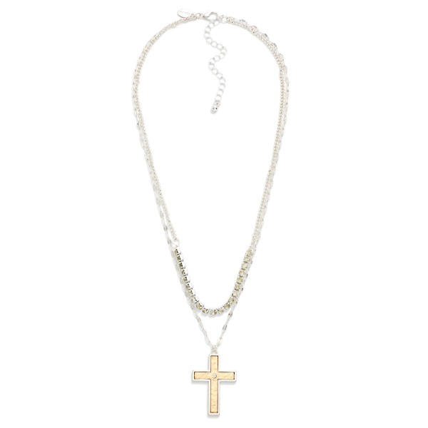 Layered Chain Link Necklace Featuring Rhinestones & Two Tone Metal Cross Pendant 

- Approximately 16" L
- Extender 3" L