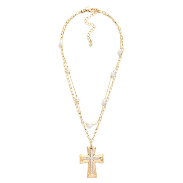 Layered Chain Link Necklace With Pearl Stations & Cross Pendant 

- Approximately 16" L
- Extender 3" L