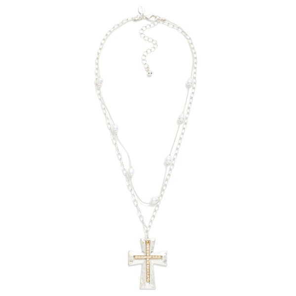 Layered Chain Link Necklace With Pearl Stations & Cross Pendant 

- Approximately 16" L
- Extender 3" L