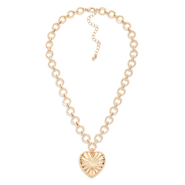 Twisted Metal Hoop Link Necklace Featuring Ribbed Heart Pendant 

- Approximately 14" L
- Extender 3" L