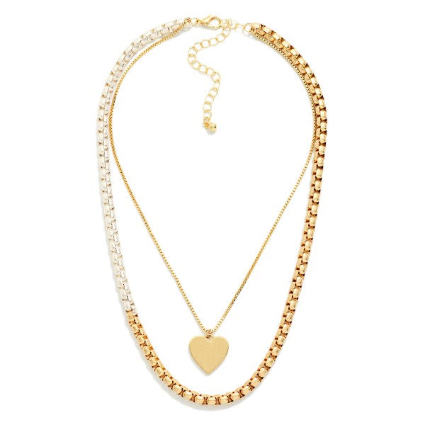Layered Square Link Necklace Featuring Metal Tone Heart Pendant 

- Approximately 16" L
- Extender 3" L