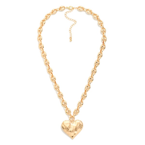 Pig Nose Chain Link Necklace Featuring Hammered Metal Heart Pendant 

- Approximately 16" L
- Extender 3" L