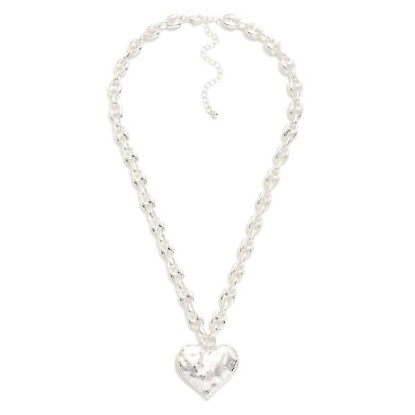 Pig Nose Chain Link Necklace Featuring Hammered Metal Heart Pendant 

- Approximately 16" L
- Extender 3" L