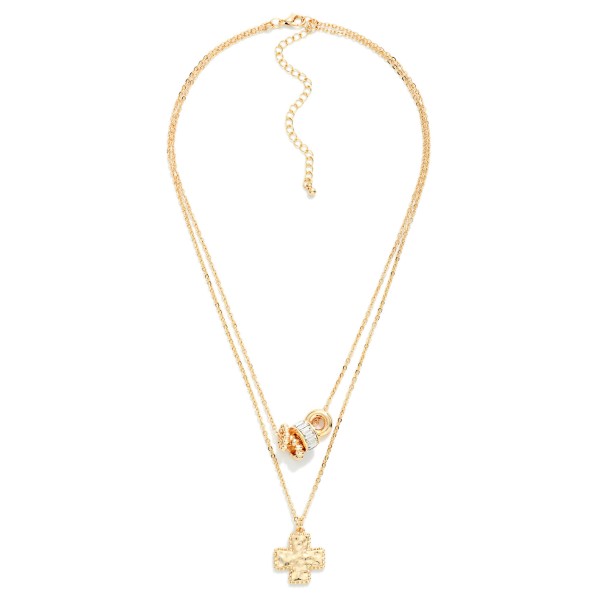 Layered Chain Link Necklace Featuring Metal Tone Plus Cross Pendant & Disk Beads 

- Approximately 14" L
- Extender 3" L