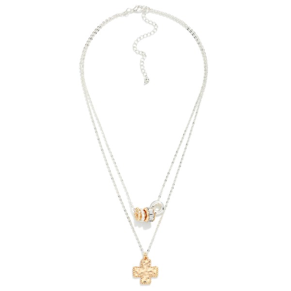 Layered Chain Link Necklace Featuring Metal Tone Plus Cross Pendant & Disk Beads 

- Approximately 14" L
- Extender 3" L