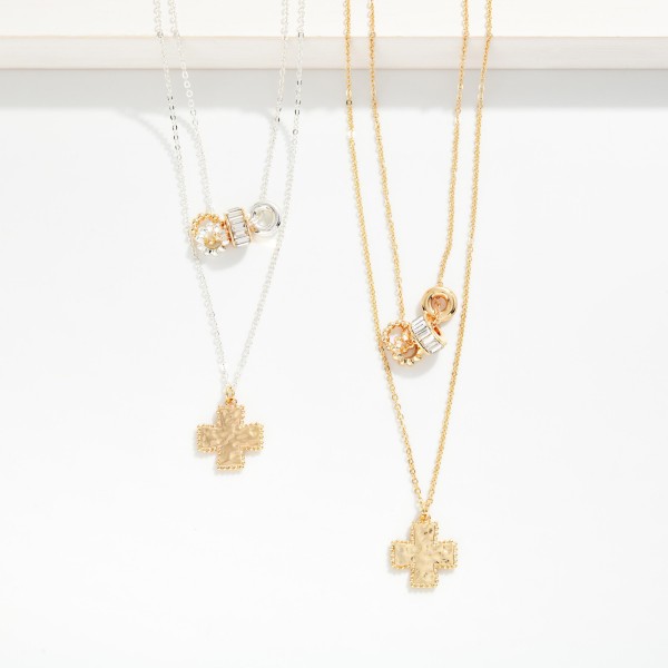 Layered Chain Link Necklace Featuring Metal Tone Plus Cross Pendant & Disk Beads 

- Approximately 14" L
- Extender 3" L