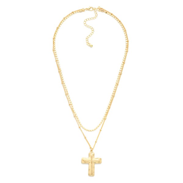 Layered Chain Link Necklace Featuring Hammered Metal Cross Pendant 

- Approximately 16" L
- Extender 3" L