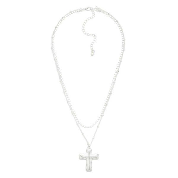 Layered Chain Link Necklace Featuring Hammered Metal Cross Pendant 

- Approximately 16" L
- Extender 3" L