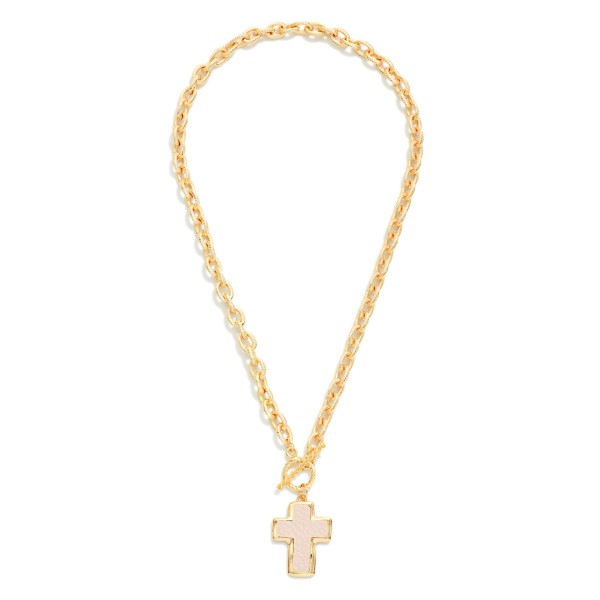 Twisted Link Chain Link Necklace Featuring Vegan Leather Cross Pendant & Toggle Clasp 

- Approximately 16" L