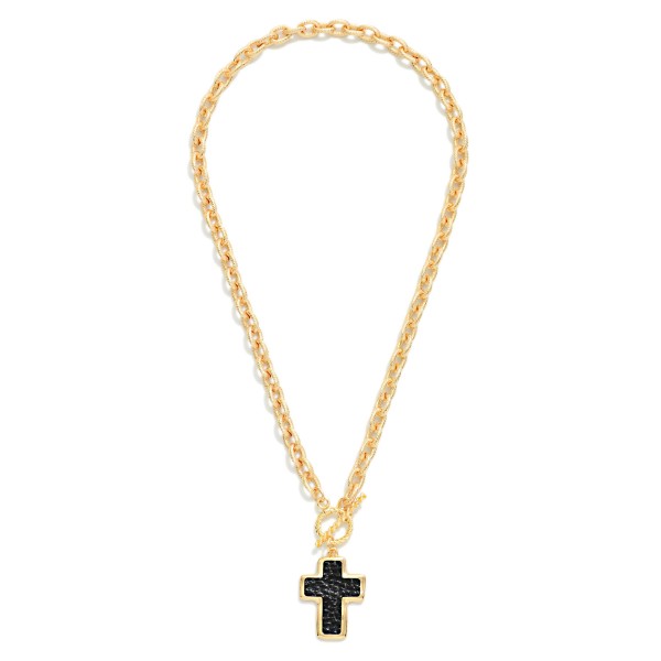 Twisted Link Chain Link Necklace Featuring Vegan Leather Cross Pendant & Toggle Clasp 

- Approximately 16" L