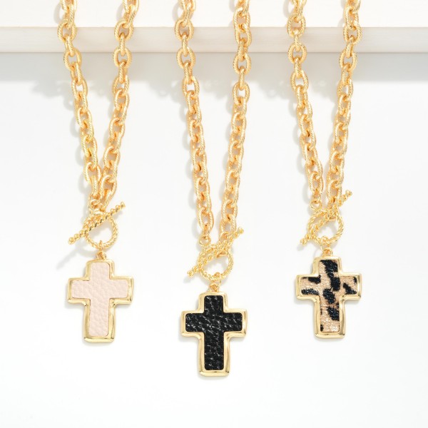 Twisted Link Chain Link Necklace Featuring Vegan Leather Cross Pendant & Toggle Clasp 

- Approximately 16" L