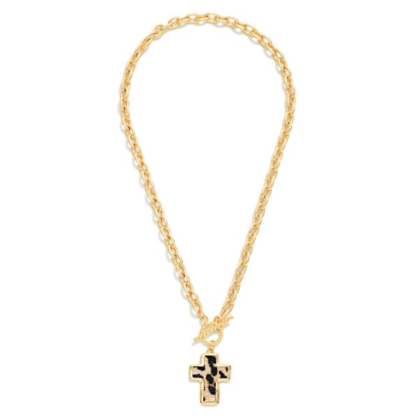 Twisted Link Chain Link Necklace Featuring Vegan Leather Cross Pendant & Toggle Clasp 

- Approximately 16" L