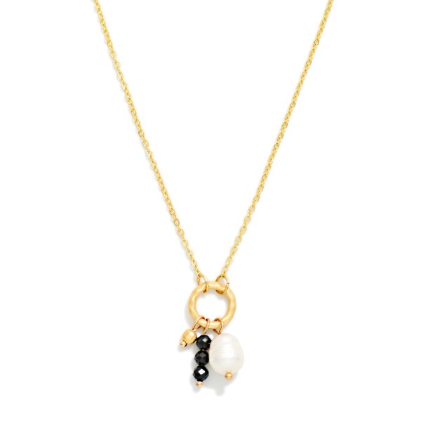 Chain Link Necklace Featuring Metal Tone Hoop Pendant With Stone & Pearl Charms 

- Approximately 14" L
- Extender 3" L