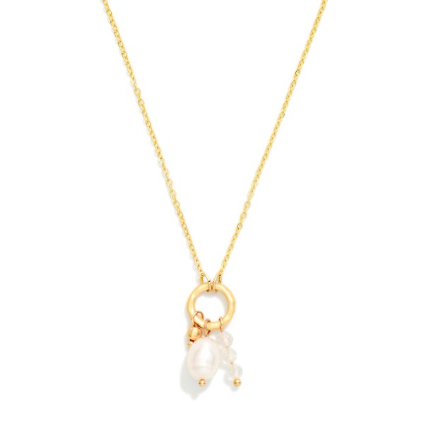 Chain Link Necklace Featuring Metal Tone Hoop Pendant With Stone & Pearl Charms 

- Approximately 14" L
- Extender 3" L
