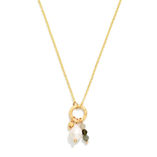 Chain Link Necklace Featuring Metal Tone Hoop Pendant With Stone & Pearl Charms 

- Approximately 14" L
- Extender 3" L