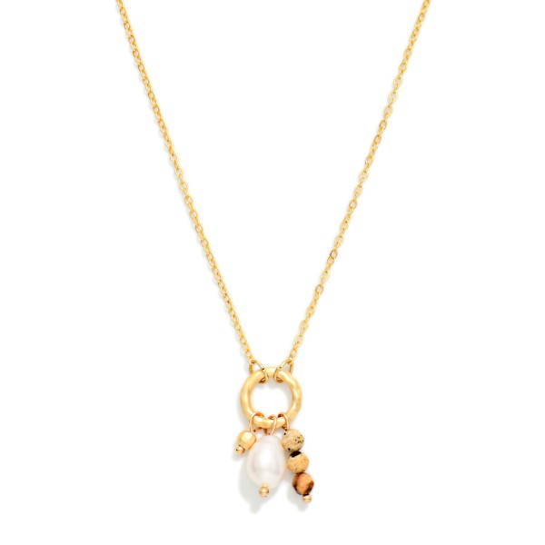 Chain Link Necklace Featuring Metal Tone Hoop Pendant With Stone & Pearl Charms 

- Approximately 14" L
- Extender 3" L