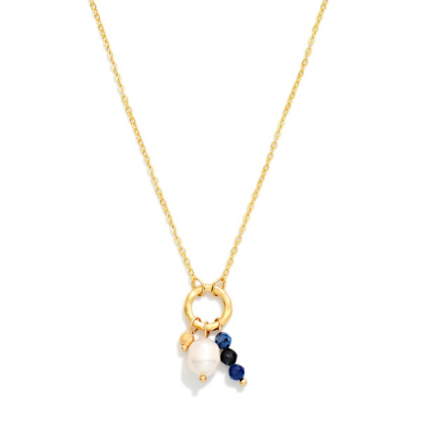 Chain Link Necklace Featuring Metal Tone Hoop Pendant With Stone & Pearl Charms 

- Approximately 14" L
- Extender 3" L
