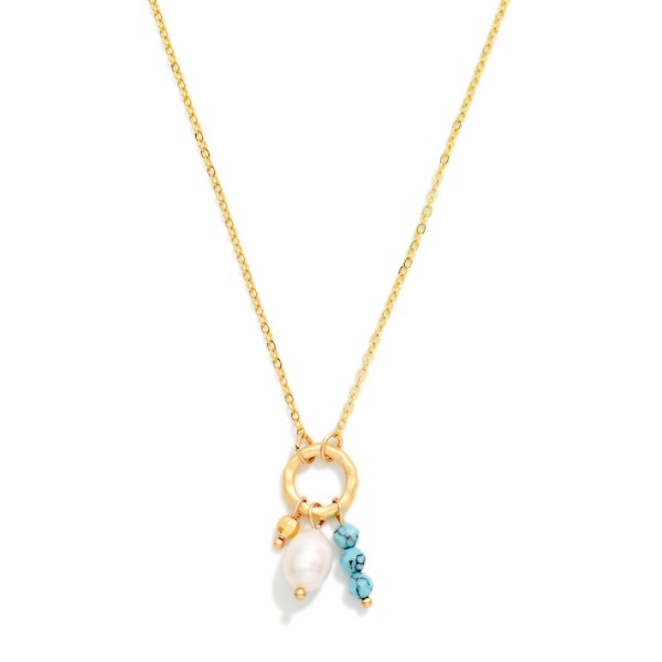 Chain Link Necklace Featuring Metal Tone Hoop Pendant With Stone & Pearl Charms 

- Approximately 14" L
- Extender 3" L