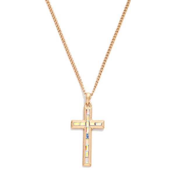 Chain Link Necklace Featuring Baguette Rhinestone Cross Pendant 

- Approximately 16" L
- Extender 3" L