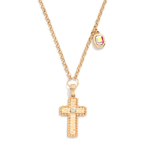 Chain Link Necklace Featuring Textured Metal Cross & Rhinestone Pendant 

- Approximately 14" L
- Extender 3" L