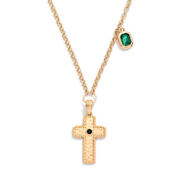 Chain Link Necklace Featuring Textured Metal Cross & Rhinestone Pendant 

- Approximately 14" L
- Extender 3" L