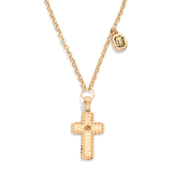 Chain Link Necklace Featuring Textured Metal Cross & Rhinestone Pendant 

- Approximately 14" L
- Extender 3" L