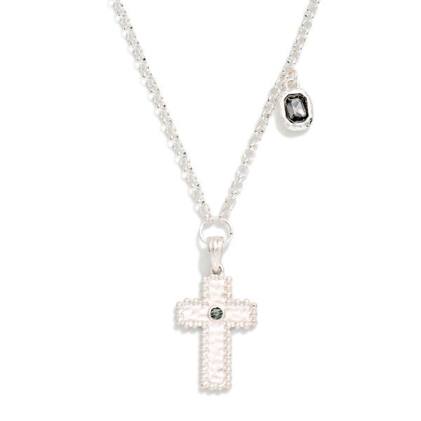 Chain Link Necklace Featuring Textured Metal Cross & Rhinestone Pendant 

- Approximately 14" L
- Extender 3" L