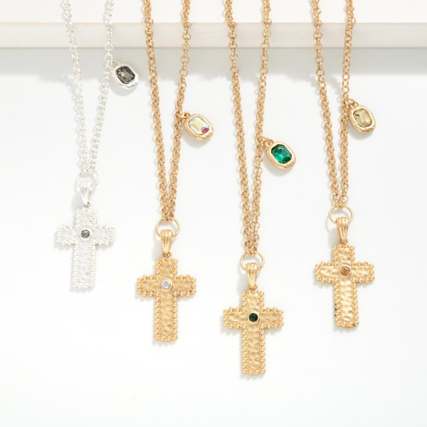 Chain Link Necklace Featuring Textured Metal Cross & Rhinestone Pendant 

- Approximately 14" L
- Extender 3" L
