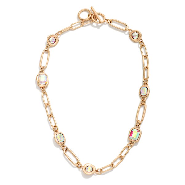 Chain Link Necklace Featuring Rhinestone Octagon & Circle Stations 

- Approximately 14" L