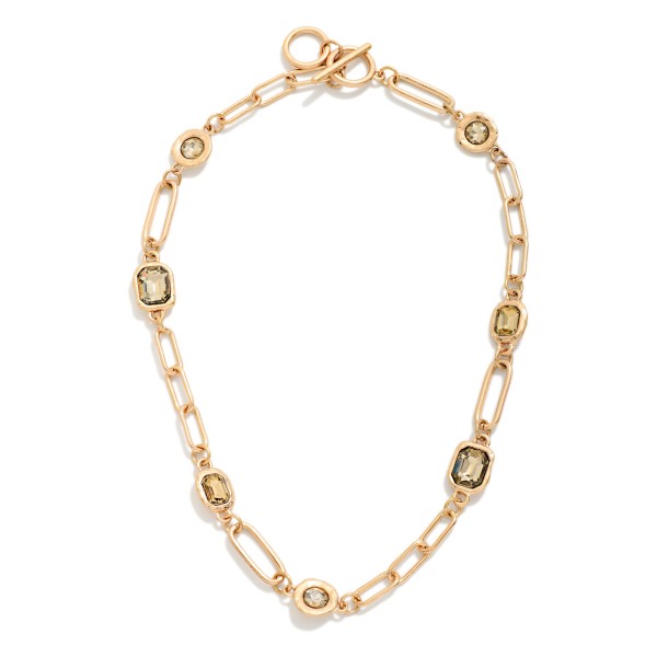 Chain Link Necklace Featuring Rhinestone Octagon & Circle Stations 

- Approximately 14" L