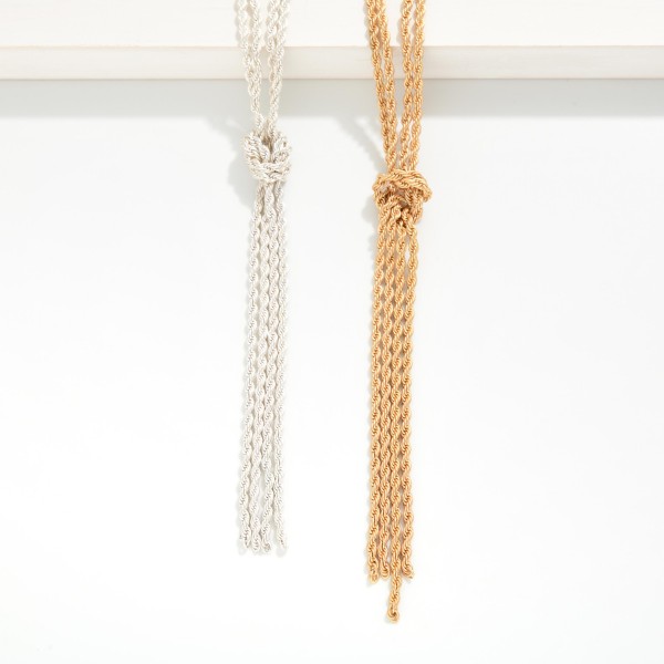 Long Layered & Knotted Twisted Metal Chain Link Necklace 

- Approximately 26" L
- Extdner 3" L