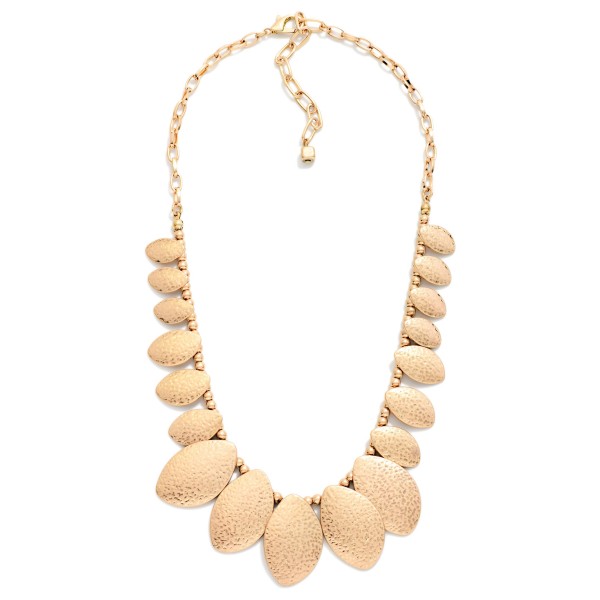 Metal Tone Beaded Chain Link Necklace With Hammered Metal Ovate Charms 

- Approximately 16" L
- Extender 3" L