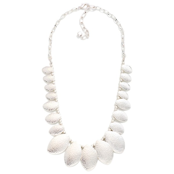 Metal Tone Beaded Chain Link Necklace With Hammered Metal Ovate Charms 

- Approximately 16" L
- Extender 3" L