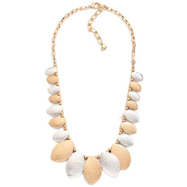 Metal Tone Beaded Chain Link Necklace With Hammered Metal Ovate Charms 

- Approximately 16" L
- Extender 3" L