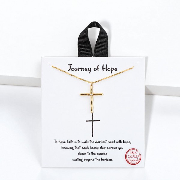 Organic Cross Pendant Necklace with softly curved, hand shaped arms and a sparkling cubic zirconia stone set at the center. The gold dipped pendant hangs on a dainty cable chain and comes on a Journey of Hope message card with an uplifting verse about faith. A meaningful gift for baptisms, first communions, graduations, birthdays, and anyone who needs a little encouragement. Faith inspired carded jewelry is a steady best seller and an easy impulse add on at checkout.