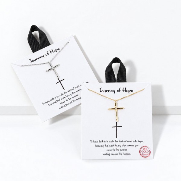 Organic Cross Pendant Necklace with softly curved, hand shaped arms and a sparkling cubic zirconia stone set at the center. The gold dipped pendant hangs on a dainty cable chain and comes on a Journey of Hope message card with an uplifting verse about faith. A meaningful gift for baptisms, first communions, graduations, birthdays, and anyone who needs a little encouragement. Faith inspired carded jewelry is a steady best seller and an easy impulse add on at checkout.