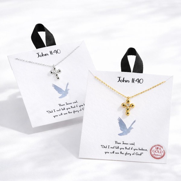 Dainty Chain Link Necklace Featuring Metal Tone Bubble Cross Pendant With Cubic Zirconia Detail 

- Gold Dipped
- Hypoallergenic Brass Base
- Approximately 16" L
- Extender 2" L
- Made in Korea
- Lead & Nickel Free

Card Reads : "Then Jesus said, "Did I not tell you that if you believe, you will see the glory of God?"

