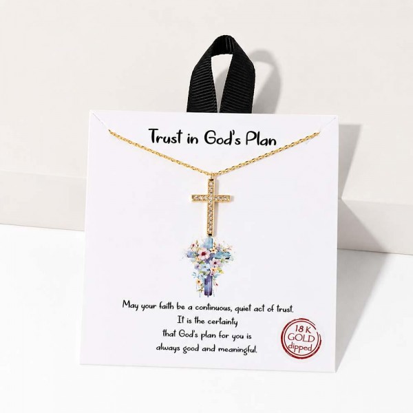 Cross pendant necklace set with pave stones and presented on a printed inspirational message card, so it arrives gift ready with no extra packaging needed. The pendant hangs from a fine chain with an adjustable extender, which lets it sit high on its own or layer under a longer strand. A faith piece customers buy for themselves and for baptisms, confirmations, birthdays, and teacher gifts. Carded jewelry like this turns quickly at the register.