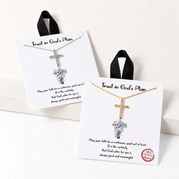 Cross pendant necklace set with pave stones and presented on a printed inspirational message card, so it arrives gift ready with no extra packaging needed. The pendant hangs from a fine chain with an adjustable extender, which lets it sit high on its own or layer under a longer strand. A faith piece customers buy for themselves and for baptisms, confirmations, birthdays, and teacher gifts. Carded jewelry like this turns quickly at the register.