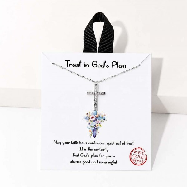 Cross pendant necklace set with pave stones and presented on a printed inspirational message card, so it arrives gift ready with no extra packaging needed. The pendant hangs from a fine chain with an adjustable extender, which lets it sit high on its own or layer under a longer strand. A faith piece customers buy for themselves and for baptisms, confirmations, birthdays, and teacher gifts. Carded jewelry like this turns quickly at the register.