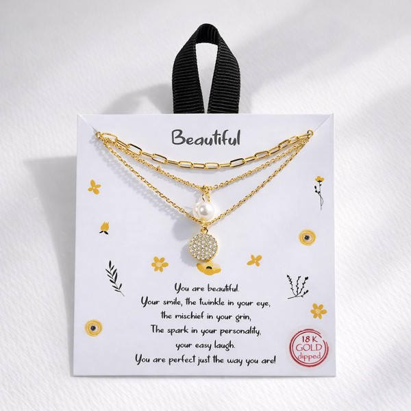 Layered Dainty Chain Link Necklace Featuring Freshwater Pearl & Rhinestone Pendants 

- Approximately 16" L
- Extender 2" L
- Hypoallergenic Brass Base
- 18K Gold Dipped
- Card: "You are beautiful. Your smile, the twinkle in your eye, the mischief in your grin, The spark in your personality, your easy laugh. You are perfect just the way you are!"