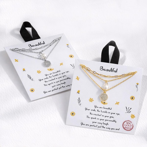 Layered Dainty Chain Link Necklace Featuring Freshwater Pearl & Rhinestone Pendants 

- Approximately 16" L
- Extender 2" L
- Hypoallergenic Brass Base
- 18K Gold Dipped
- Card: "You are beautiful. Your smile, the twinkle in your eye, the mischief in your grin, The spark in your personality, your easy laugh. You are perfect just the way you are!"