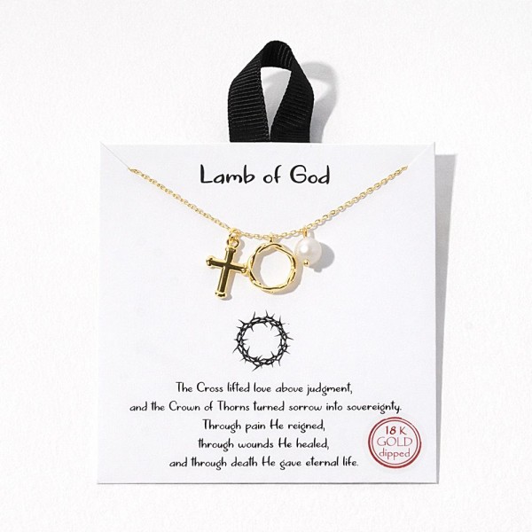 Dainty Chain Link Necklace Featuring Metal Tone Cross, Crown Of Thorns, & pearl Pendants 

- Approximately 16" L
- Extender 2" L
- Hypoallergenic Brass Base
- 18K Gold Dipped
- Card: "The Cross lifted love above judgment, and the Crown of Thorns turned sorrow into sovereignty. Through pain He reigned, through wounds He healed, and through death He gave eternal life."